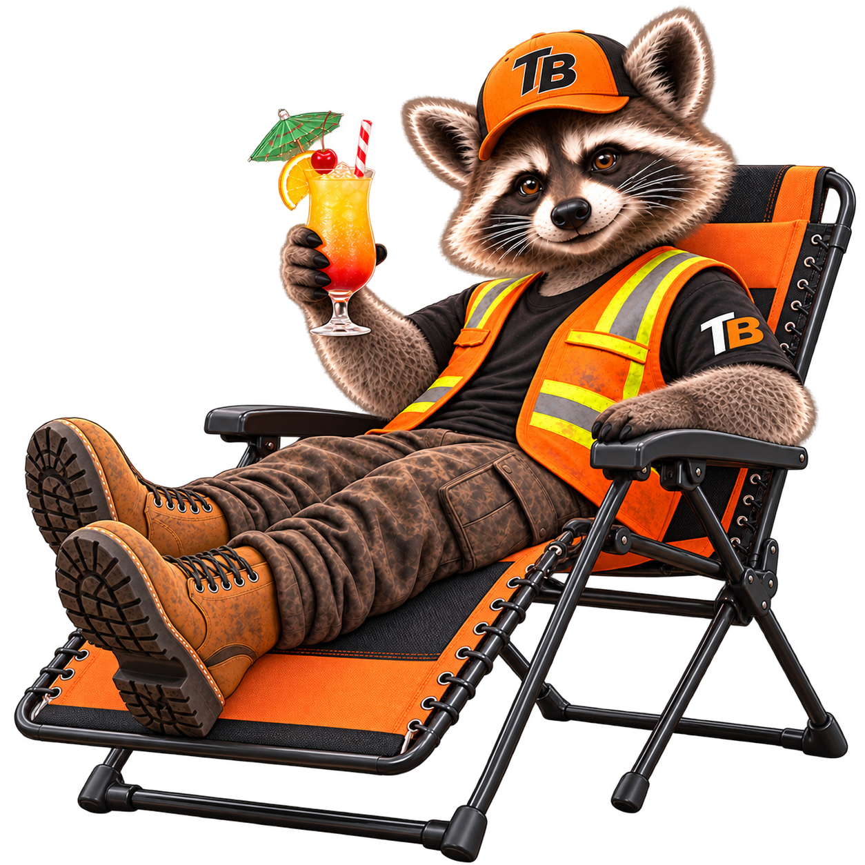 Trash Bandits raccoon relaxing in a lawn chair with an umbrella drink