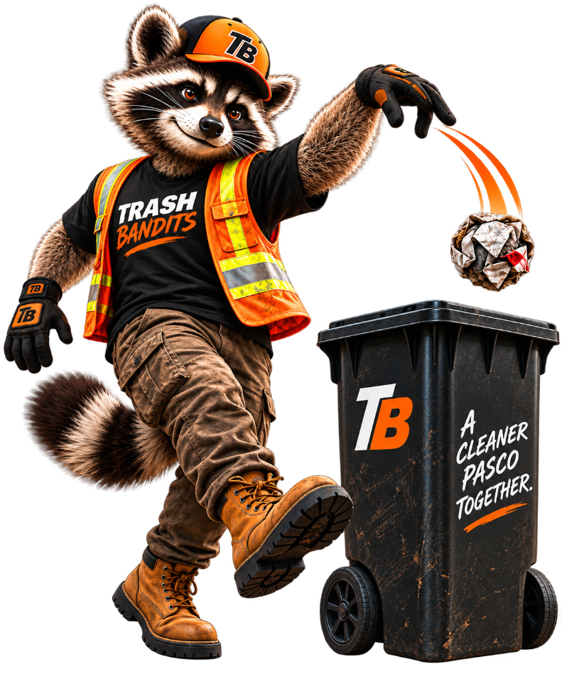 Trash Bandits junk removal mascot tossing trash into a garbage can in Pasco, Washington