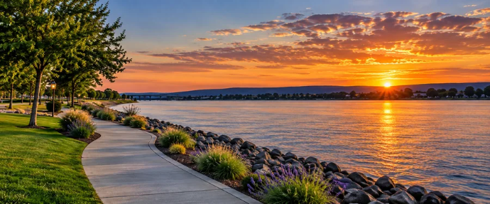 Waterfront along the Columbia River in Pasco, Washington at sunset