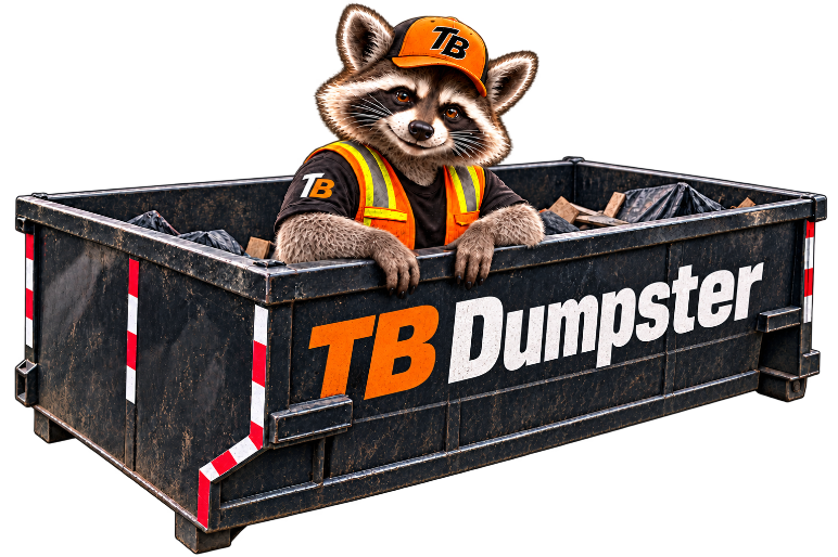 Trash Bandits mascot resting his arms on a TB Dumpster